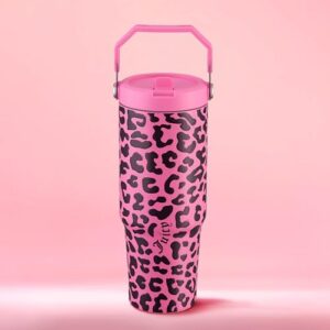 Juicy Couture Flip & Sip Insulated Tumbler with Handle and Straw, 30 oz, Hot Pink Leopard