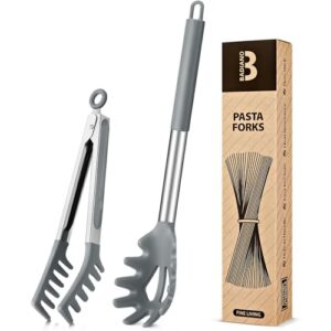 Silicone Spaghetti Spoon & Pasta Tong, Non-Stick Stainless Steel Handle Pasta Fork Set with Teeth, Food Clip for Easy Serving of Noodles(Grey)