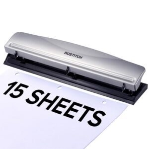 Bostitch 3 Hole Paper Punch, 15 Sheet Capacity, Metal Office Hole Puncher with Chip Tray, Non-Slip Base, 9/32" Holes, Perfect for Binders, School, Home & Office