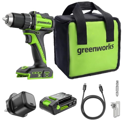 GREENWORKS 24V 1/2" Brushless Cordless Drill (400 In-lbs.), 2.0Ah (12,000mAh Power Bank) USB-C Batteries, 3.3 FT Braided Cable, 30W Charger
