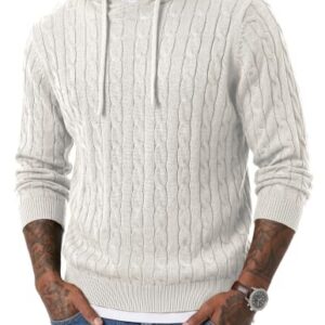 JMIERR Mens Hooded Collar Cable Knit Pullover Sweaters, White, L