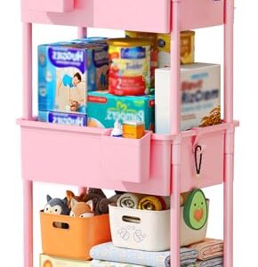 SUNALLY Baby Diaper Caddy Cart, 3 Tier Rolling Diaper Cart for Nursery,Pink