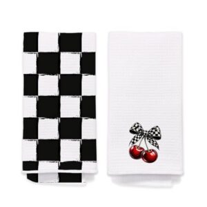 BitKan 2 Pack Black and White Checkered Hand Towels for Bathroom - Retro Plaid Cherry Decorative Dish Tea Towels for Kitchen Decor, Cherry Gifts for Women, Housewarming Gift Idea