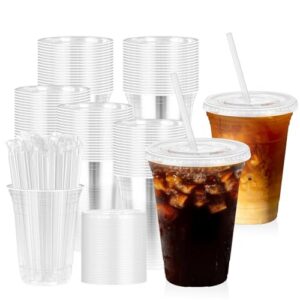 Fogein 16 oz 100 Pack Clear Plastic Cups with Lids and Straw,leak-proof durable,To-Go Cold Coffee Cups,Disposable Cold Drink Cups for Parties, Outdoor Events, Cafes, and Smoothies