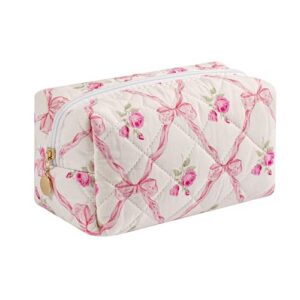 HHQQWZ Quilted Cotton Makeup Bag Travel Cosmetic Bag for Women Girls, Zipper Make Up Pouch, Bow Pattern Toiletry Organizer Makeup, Portable Storage Bag (Pink Bowknot)