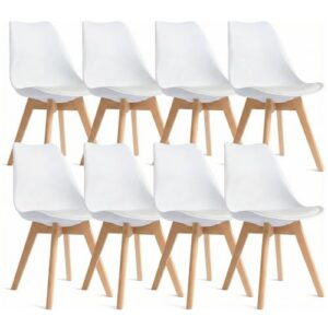 Dining Chairs Set of 8, Modern Upholstered Dining Room Chairs with PU Leather Padded Seat, Armless Kitchen Chairs with Curved Backrest and Solid Wood Legs for Dining Room, Kitchen, Apartment, White