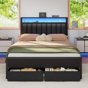 Furnulem Full Size Bed Frame with Storage Drawers and Upholstered Headboard
