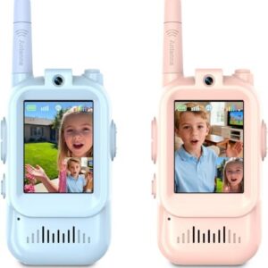 Video Walkie Talkies for Kids, 2 Pack Rechargeable Kids Walkie Talkies, Screen Display and Voice Changer, Indoor Outdoor for Boys and Girls, Age 3-12 (Blue & Pink)