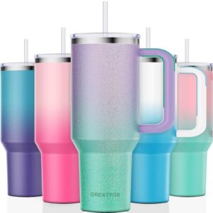 Greatyos 40 oz Tumbler with Handle and Straw Lid Insulated Tumblers Cups with Lids Straws Double Wall Vacuum Leak Proof Stainless Steel 40oz Tumbler Travel Mug Gifts for Men Women Him Her (Glitter)