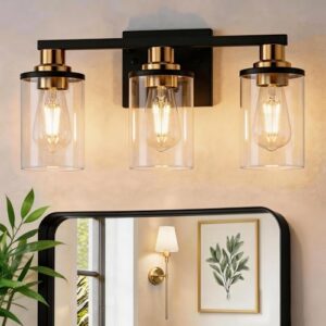 DORESshop Bathroom Light Fixtures, 3-Light Black and Gold Bathroom Lights Over Mirror with Clear Glass Shade,Vanity Lights for Bathroom Hallway Bedroom Living Room, ETL Listed