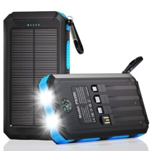 Durecopow Solar Charger Power Bank 20,000mAh, Portable Charger, 4 Cables 3 Ports Fast Charging External Battery Pack with USB C for Cell Phones, Solar Panel Charger with Dual Flashlight for Camping