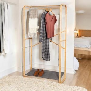 Honey-Can-Do Bamboo Clothes Rack, 2 Garment Rods, Canvas Shoe Shelf, Clothing Storage