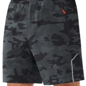 3rd hill Men's 7 inch Running Shorts with Zipper Pockets Quick Dry Athletic Gym Workout Shorts Lightweight Grey Camo S