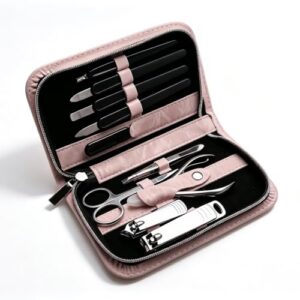 Sopolise 10 in 1 Manicure Pedicure Kit Carbon Steel Nail Clippers & Stainless Steel Grooming Tools, Portable Marble PU Leather Zipper Nail Care Set, Gift for Men Women,Pink