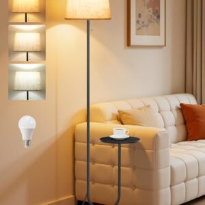 GOEBLESON Floor Lamp with Side Table, Standing Lamp for Living Room with Tray, Pull-Chain Switch, for Living Room, Bedroom, 3 Color Temperatures, 9W LED Bulb Included, Black and Beige BE21LD05