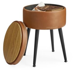 VASAGLE EKHO Collection - Storage Ottoman, Vanity Chair Stool, Synthetic Leather with Stitching, Mid-Century Modern, Round Storage Seat with Steel Legs, Loads 330 lb, Caramel Brown ULOM005KN08