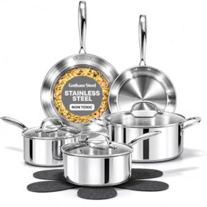 Gotham Steel 10 Pcs Tri Ply Stainless Steel Cookware Set, Pots and Pans Set with Induction Bottom, Made Without PTFE PFOA PFOS, Metal Utensil Safe, Oven and Dishwasher Safe