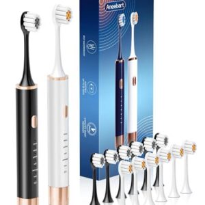 Aneebart Sonic 2 Pack Electric Toothbrush for Adults, Travel Toothbrush Includes 12 Replacement Toothbrush Heads, 6 Modes with 2 MIN Smart Timer (Black White)