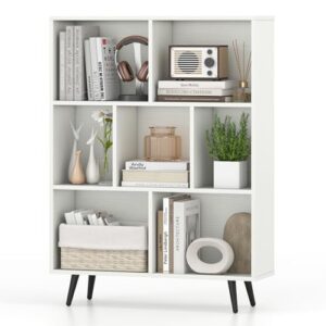 Giantex 7-Cube Bookcase, 3-Tier Modern Bookshelf with 4 Metal Legs, 31.5" Freestanding Open Storage Organizer with 2 Anti-tip Devices, Mid-Century Display Rack for Living Room (31.5" x 9.5" x 42")