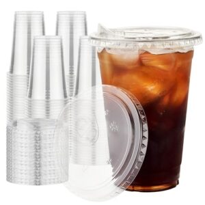 VPACKDUO Plastic Cups with Lids 16 oz 100 pack, Clear Disposable Iced Coffee Cups with Strawless Sip Lids, Drink Cup for Cold Drinks, Iced Coffee