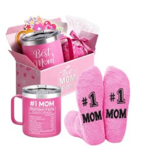 HAPPYPOP Mothers Day Gifts - Best Mom Ever Tumbler Socks and #1 MOM Card – Pink Birthday Gift Box for Women from Daughter or Son