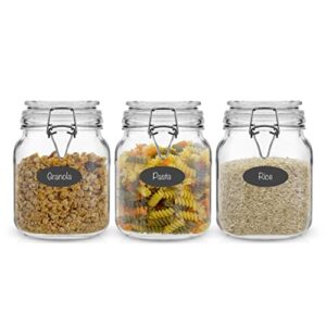 JoyJolt Airtight Glass Jars with Lids Set of 3. 32oz Glass Jar with Lid and 6 Silicone Seals! Med Glass Food Storage Containers. Square Mason Jar, Candy Jar, Sugar Jar, Pasta Containers for Pantry