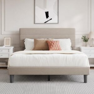Novilla Queen Bed Frame, Queen Size Bed Frame with Headboard Linen Upholstered Stripe Headboard Bed Frame Queen Size, No Box Spring Needed, Heavy Duty Feet, Easy Assembly, Beige