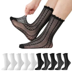 Lace Sheer Socks for Women, 10 Pairs Sheer Frilly Set