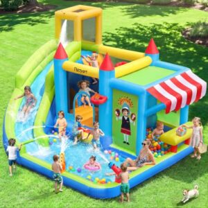FBSPORT Inflatable Bounce House Water Slide, Bounce House for Kids with Toy Market Stand Splash Pool Bouncer Climbing Wall Water Gun Ball Dart, Bouncy Castle W/620W Blower for Outdoor Indoor, Green