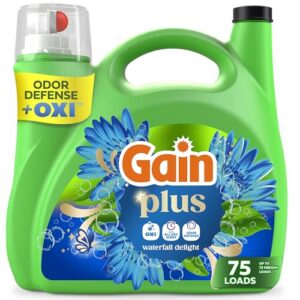 Gain Plus Liquid Laundry Detergent, Cleaner, Fresher, Now with Oxi, Waterfall Delight Scent, 99 fl oz, 75 Loads