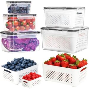PRAKI Fruit Storage Containers for Fridge with Removable Colander, 5-Pack