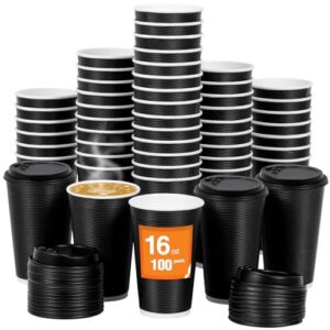 Coolcap 100 Pack 16 oz Disposable Coffee Cups with Lids and Straws, Insulated Ripple Wall To Go Paper Corrugated Cups, Bulk for Hot/Cold Drinks, Cafe Bar, Office, Chocolate, Cocoa (Black)