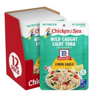 Chicken of the Sea Lightly Seasoned Lemon Garlic Wild Caught Light Tuna, 2.5 Ounce Packets, 12-Count – McCormick Flavored High Protein Tuna in Water – Easy, Delicious, Nutritious Ready to Eat Meals