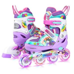 Unicorn Rainbow Inline Skates for Girls Teens Womans,4-Pejiijar Roller Skates for Girls Ages 6-8-12 w/Luminous Wheels,Kids Adjustable Roller Shoes for Birthday Xmas Gifts