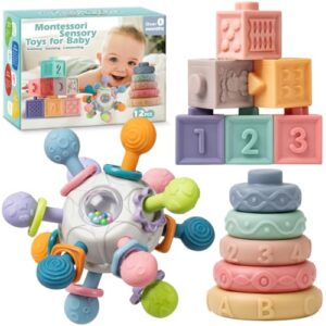 Baby Sensory Teething Toys Set, Montessori Baby Toys 6-12 Months, Incl Newborn Rattle Teether & Baby Blocks & Soft Stacking Rings, Ideal Babies Boy Girl Gifts, Infant Toys 0-3-6-9-12-18 Month