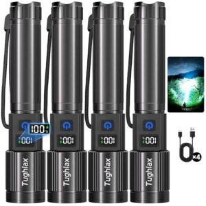 Tughlax 4Pack Rechargeable Flashlights High Lumens 10000LM, Super Bright Flashlight with LCD Digital Display, 5 Modes Adjustable Flash Light, LED Flashlight Powerful, Tactical Flashlights for Home
