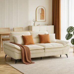 YuuYee 90.5" Deep Seat Sleeper Sofa with High Back & 2-Level Adjustable Backrest, 3-Seater Corduroy Couch for Living Room Apartment, Extra Deep 39" Seat for Lounging Naps, Solid Frame, Beige