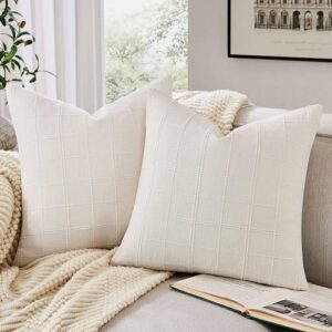 ZeeMart Linen Checked Throw Pillow Covers Set of 2, 22x22 Inch Ivory/Cream, Farmhouse Decorative Single Sided Grid Embroidered Couch Pillow Cases Off White Cotton Linen Cushion Covers