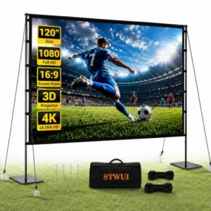 120 Inch Outdoor Projector Screen with Stand, 16:9 4K HD Portable Movie Screen, Lightweight Indoor Outdoor Projector Screen, Wrinkle-Free Screen with Carry Bag for Backyard, Camping, Home Theater
