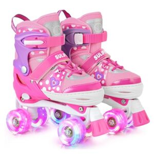 SULIFEEL Adjustable Roller Skates for Girls Ages 5-8 6-12 with Polka Dots & Bow, Light Up Wheels, 4 Sizes Adjustable for Beginner Kids Skates Indoor Outdoor Sports