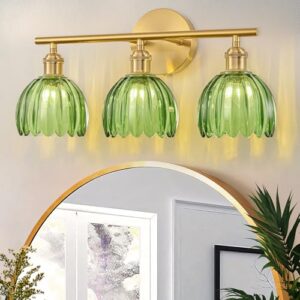 LINSEEDS Gold Bathroom Light Fixtures Over Mirror, 3 Light Bathroom Vanity Light with Tulip Green Glass Lampshade, Vintage Vanity Lights for Bathroom, Bathroom Vanity Lights Over Mirror