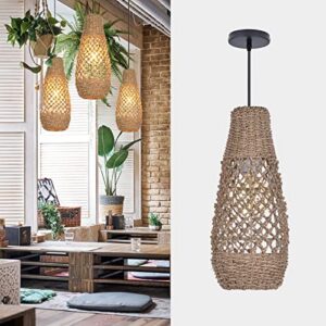 Arturesthome 1 Light Boho Rattan Pendant Light Fixtures, Mini Farmhouse Natural Chandelier Pendant Light, Retro Wicker Hanging Lamp for Kitchen Island