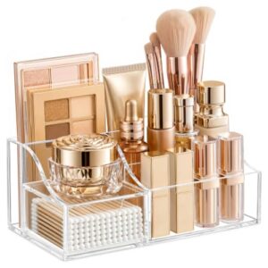 HBlife Makeup Organizer with Drawer – Cosmetic Storage for Vanity, Bathroom Countertop & Dresser, Skincare Organizer with Brush Holder, Beauty Display Case, Clear