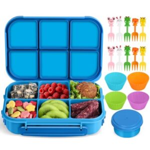 Amathley Lunch Box Kids Girls Boys,Bento Box Adult,Toddler Lunch Containers for School,Leakproof Snack Containers with 6 Compartments,Sauce Container,10 Food Picks and 4 Muffin Cups (Blue)