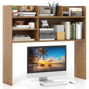 Giantex Desktop Bookshelf, 37" Desk Hutch Dorm for Computer Up to 32 Inch, Countertop Hutch w/6 Storage Shelves, 3-Tier Desktop Organizer Display Rack, Wood Desk Shelf for Home Office (Natural)