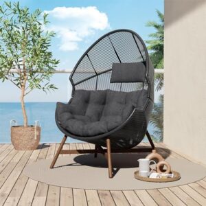 Grand patio Outdoor Egg Chair PE Wicker Wood Grain Finish Comfortable Conversation Chair with Olefin Cushion Oversized Lounger Chair with Stand for Porch, Backyard, Living Room - Dark Grey