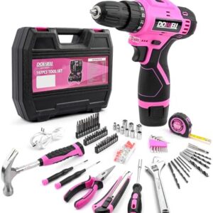 DOWELL 147 Pcs Pink 12V Drill Tool Set, Tool Kit with Cordless Drill