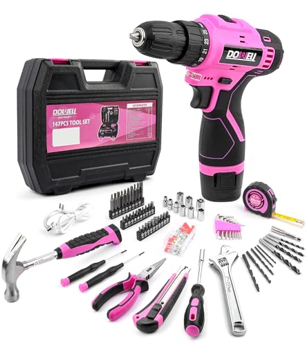 DOWELL 147 Pcs Pink 12V Drill Tool Set, Tool Kit with Cordless Drill