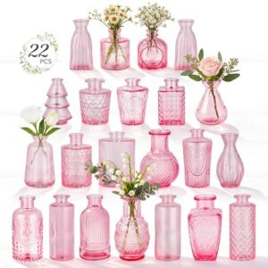 RUCKAE 22 Pack Pink Glass Bud Vases,Vintage Small Flower Vases for Centerpieces,Assorted Mini Glass Vases for Flowers,Table Decor,Wedding,Home,Living Room,Bedroom,Office,Party,Gifts(Pink 22 Pack)