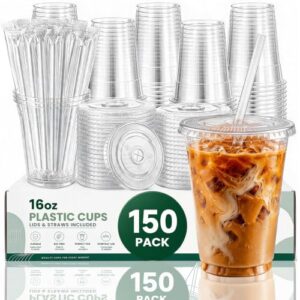 𝟏𝟓𝟎 𝐏𝐚𝐜𝐤 16 oz Plastic Cups with Lids and Straws, Iced Coffee Cups